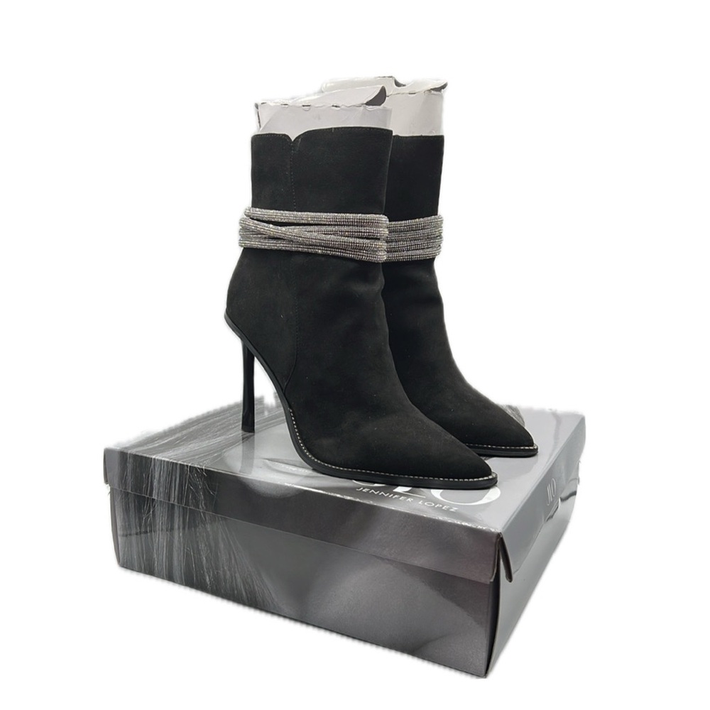 Jennifer Lopez Sz 10 Veina Black Heeled Rhinestone Boots Sleek Design